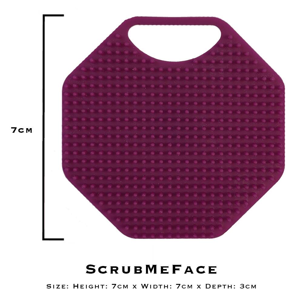 ScrubMeFace Passionate Purple silicone face scrubber size guide graphic showing 7cm by 7cm dimensions.