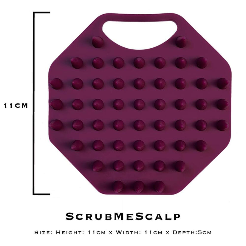 ScrubMeScalp Passionate Purple scalp scrubber on white background with size guide text showing 11 cm height, width and 5 cm depth
