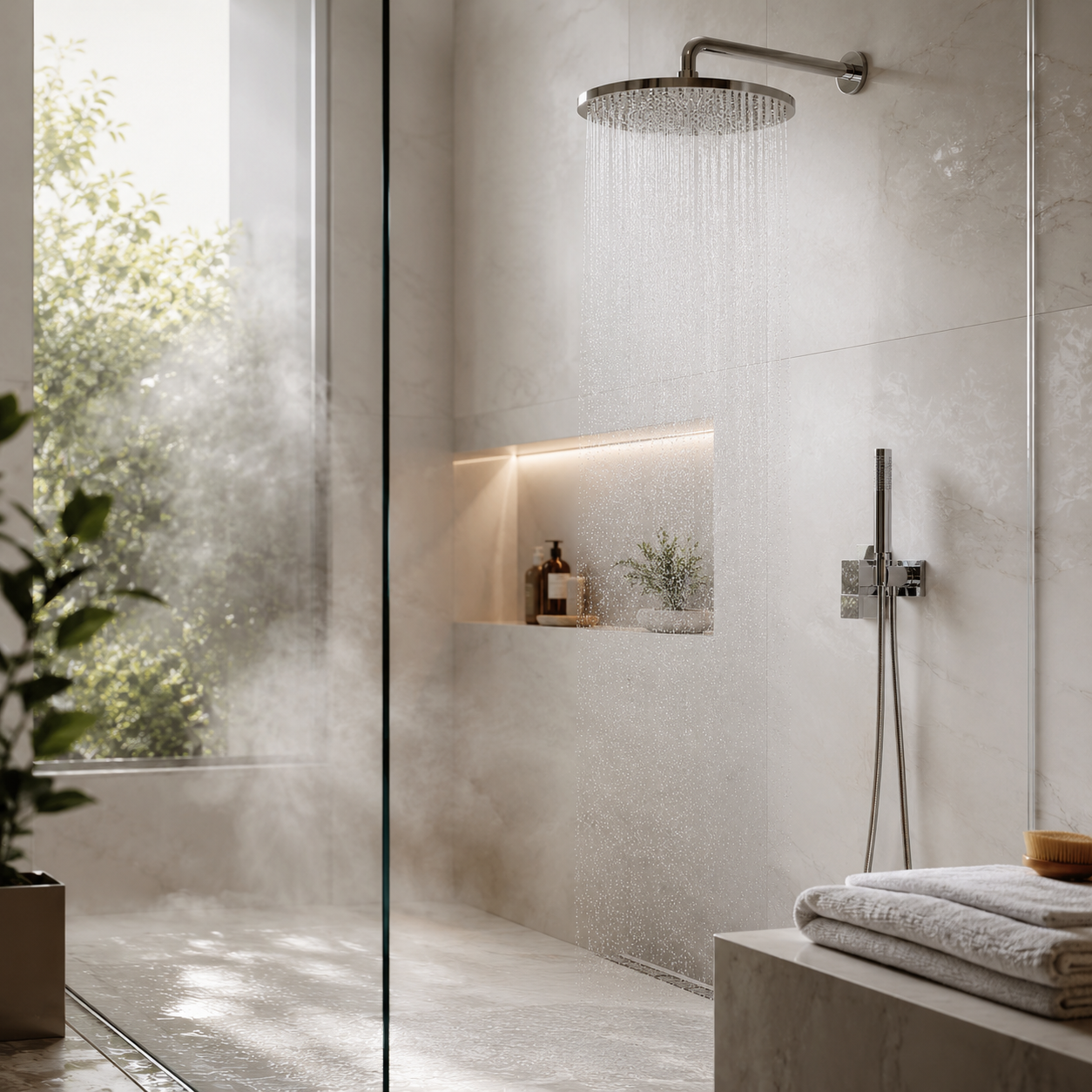 Modern walk-in shower with water running from a rainfall shower head, soft natural light and steam, illustrating a calm daily shower routine.
