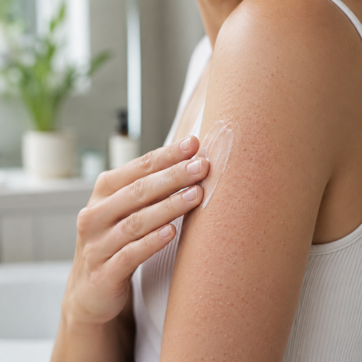 Close-up of a woman applying moisturising cream to bumpy, irritated skin on her upper arm, representing keratosis pilaris skincare management.