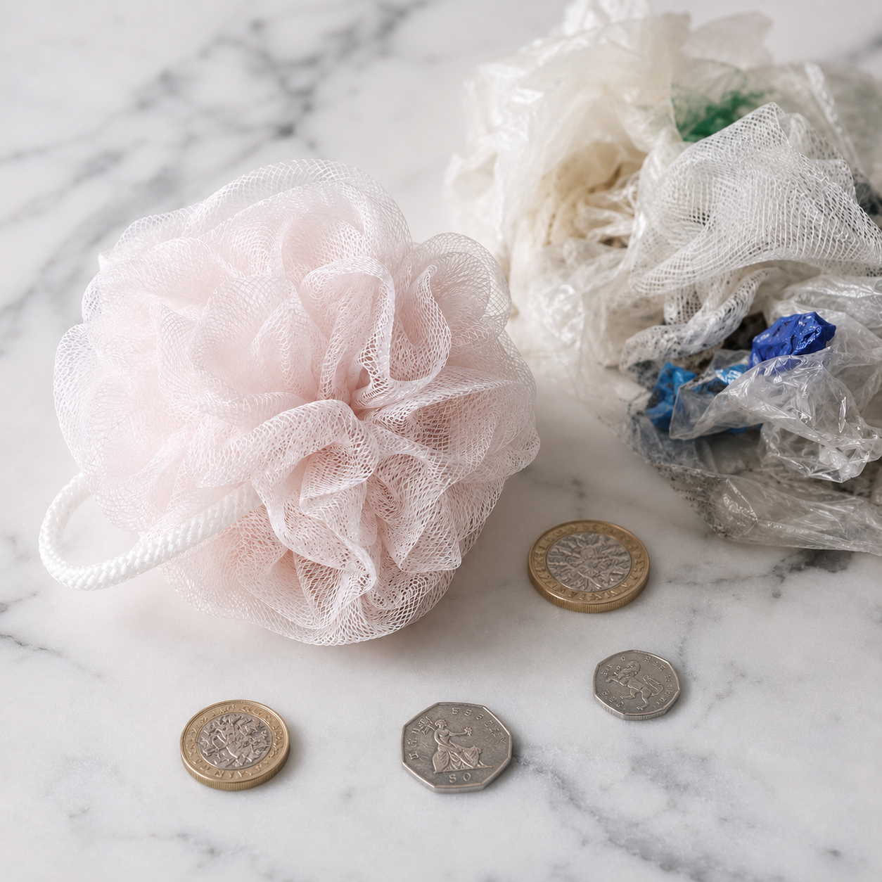 Plastic mesh shower puff on a white marble surface with scattered UK pound coins and crumpled plastic waste, highlighting the cost and environmental impact of disposable shower puffs.