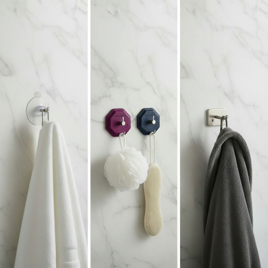 Comparison of adhesive, suction and drilled bathroom hook options in a tidy bathroom setup.