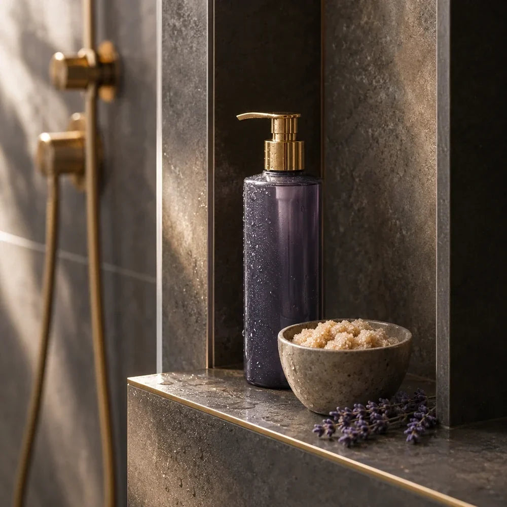 Body wash bottle and bowl of exfoliating scrub on a dark tiled luxury shower shelf.