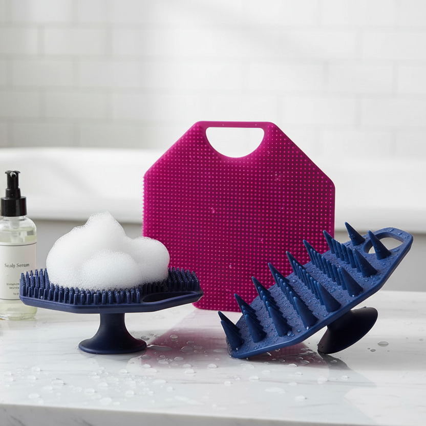 Simple at-home shower routine setup with body, face and scalp care tools.