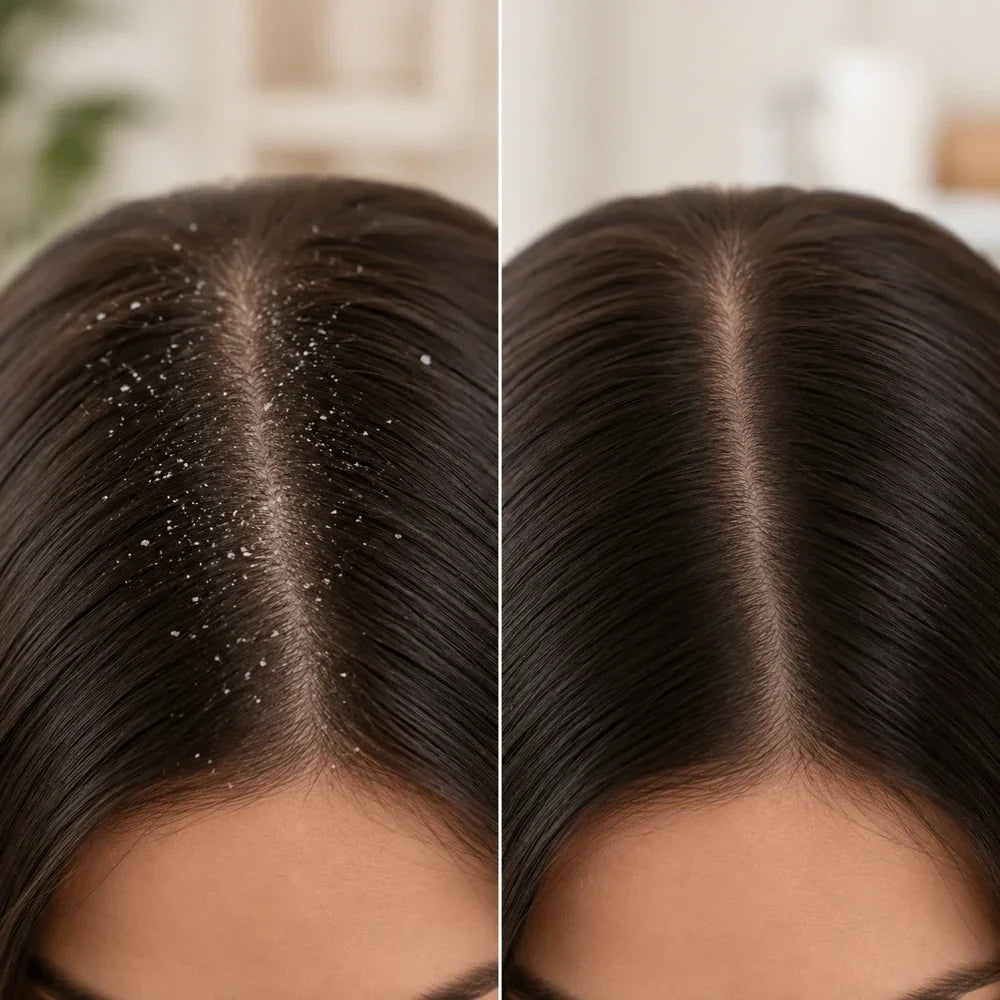 “Split image comparing dark hair with visible dandruff flakes and a clear-looking scalp.”