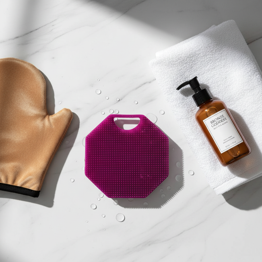 Body scrubber and shower routine used to prep skin before fake tan.