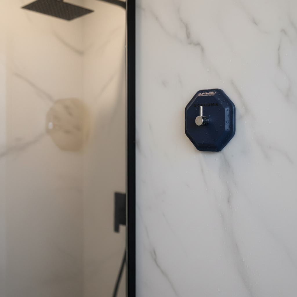 Self-adhesive bathroom hook placed neatly beside a shower on a smooth wall surface.