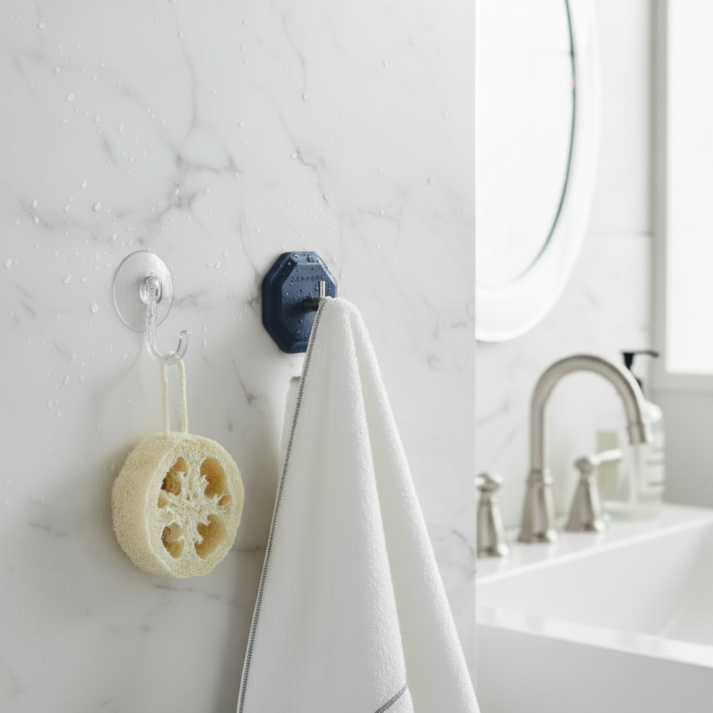 HookMe self-adhesive bathroom hook mounted on a marble wall with a bathroom accessory hanging from it