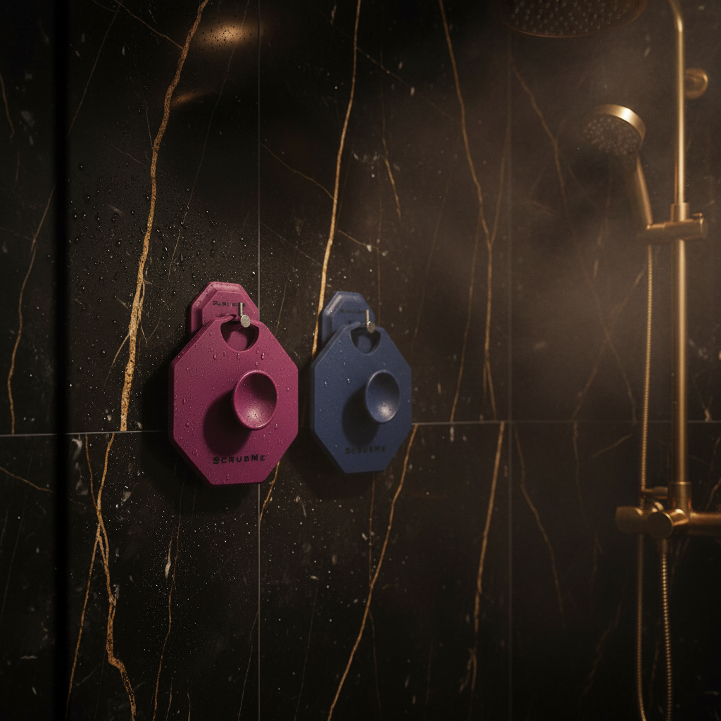 No-drill shower storage idea using a self-adhesive hook in a tidy bathroom.