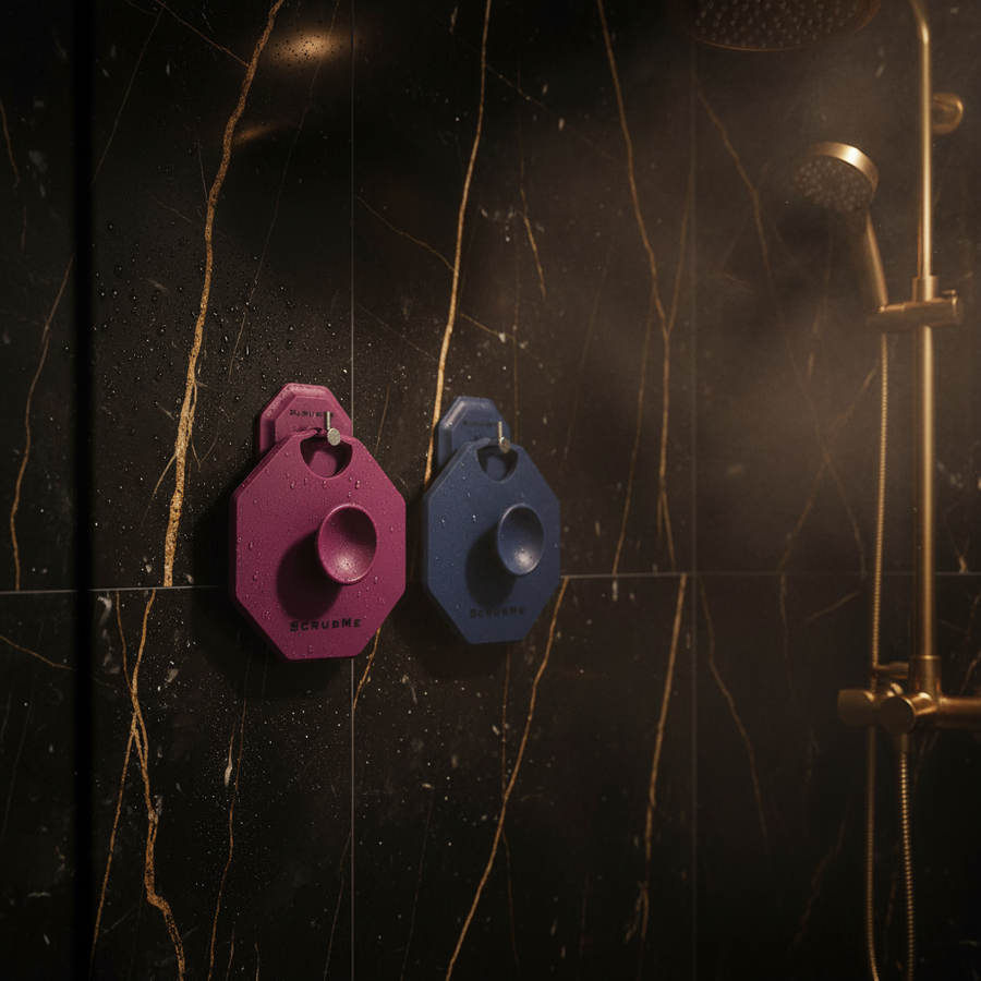 No-drill shower storage idea using a self-adhesive hook in a tidy bathroom.