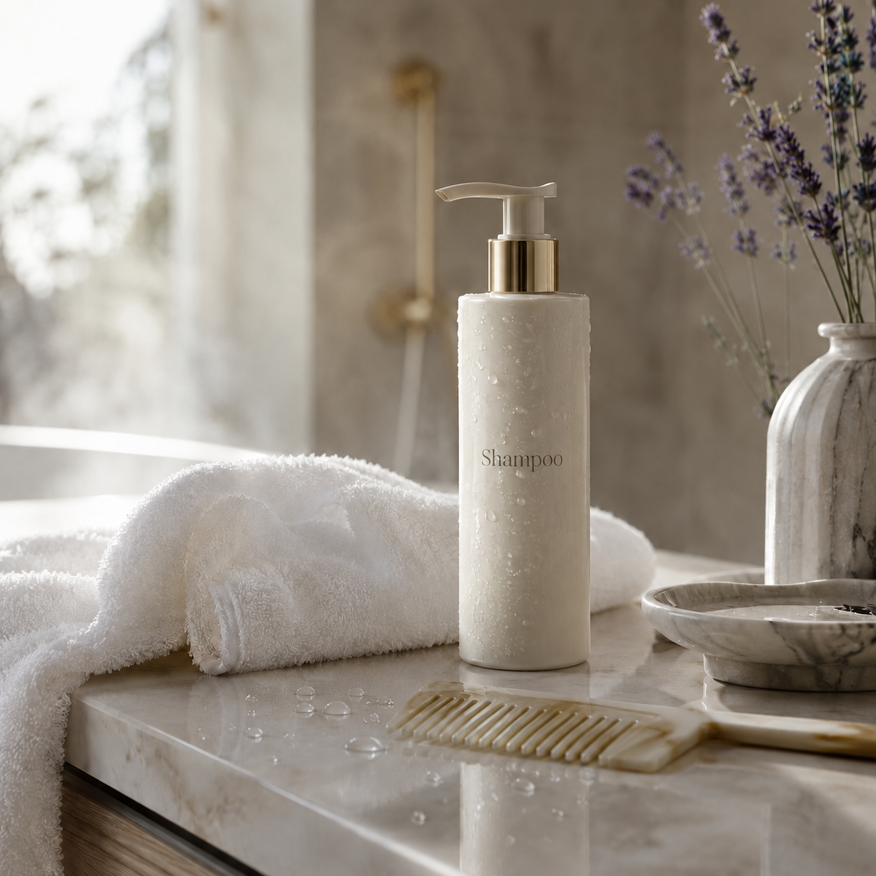 Shampoo bottle, white towel and wide-tooth comb arranged on a luxury bathroom vanity.