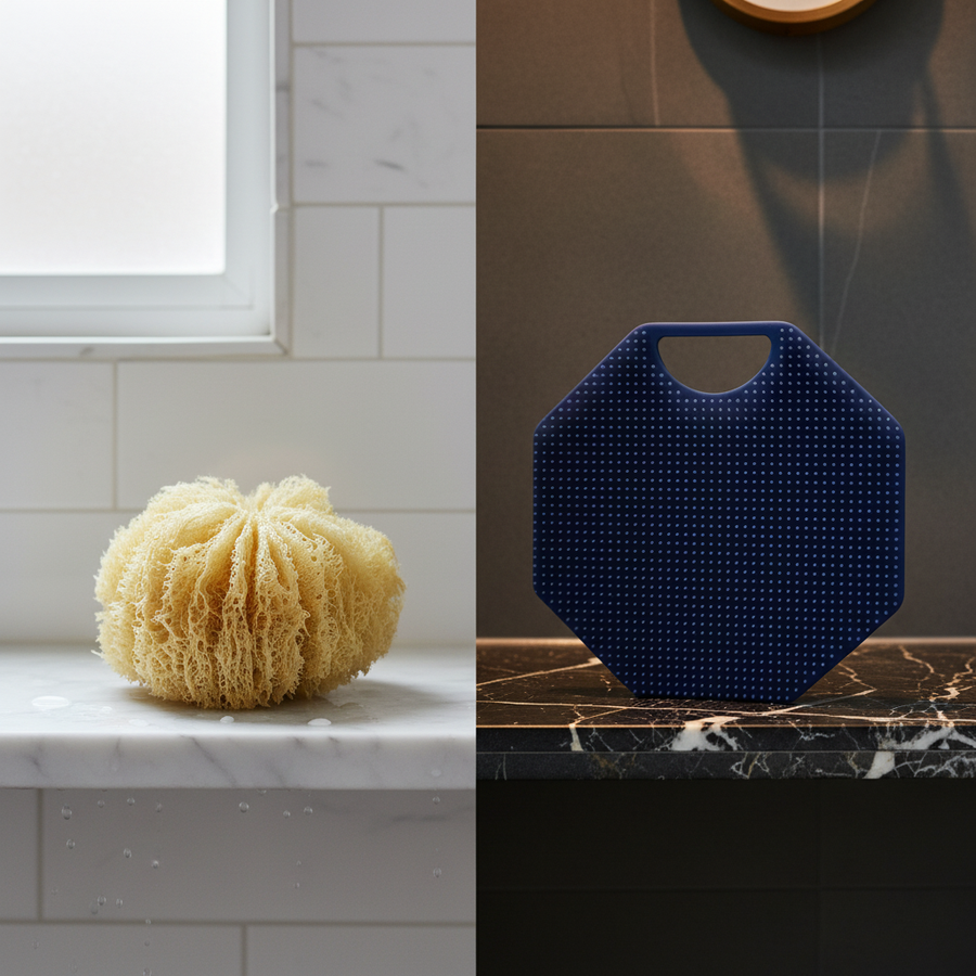 Loofah and silicone body scrubber compared in a shower routine setting.
