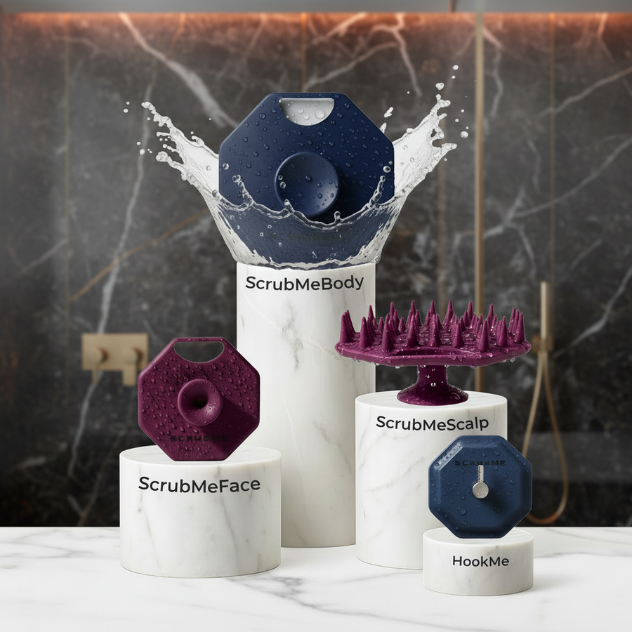 ScrubMe bundle-style shower routine setup with body, face, scalp and storage products.