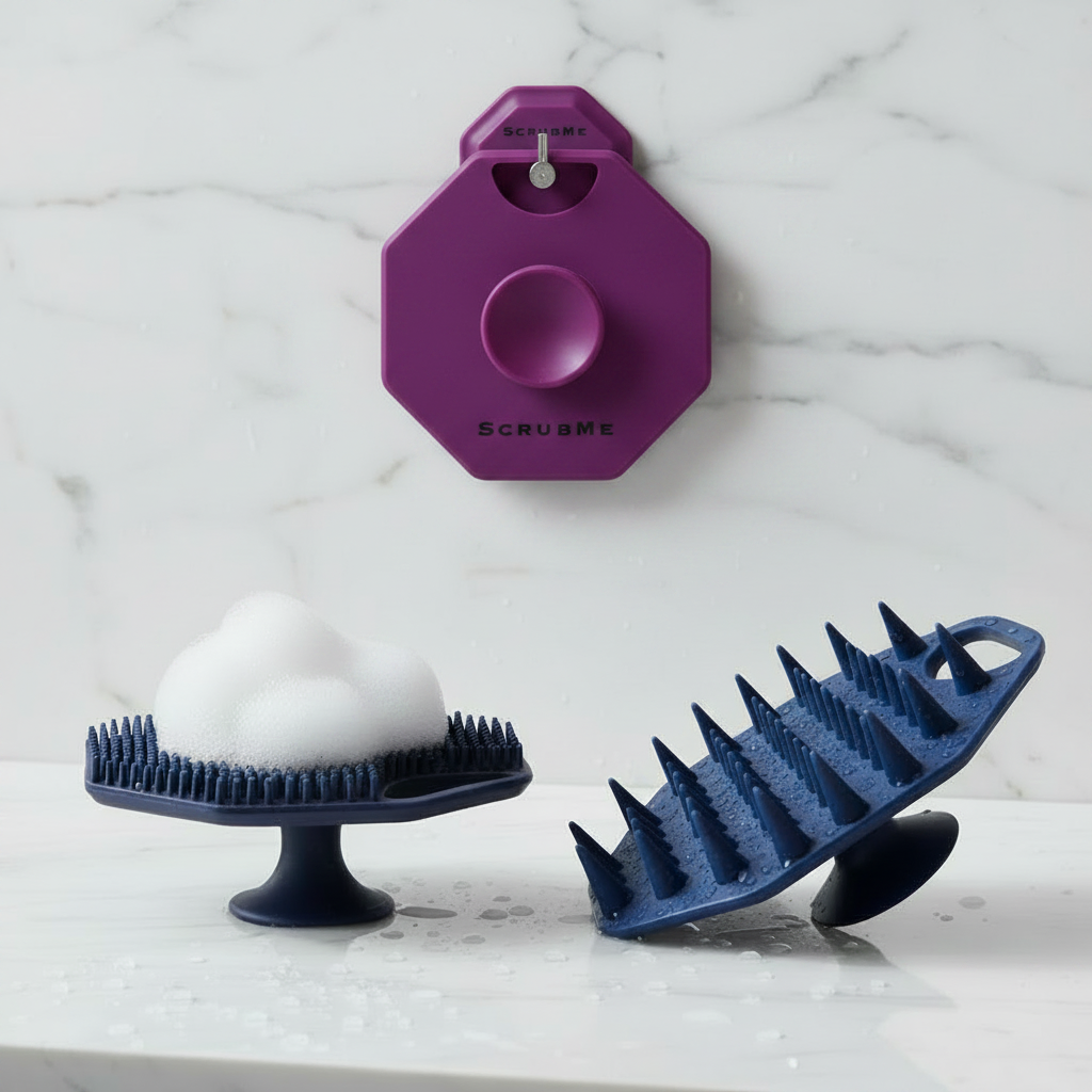 ScrubMe products arranged as a coordinated body, face, scalp and storage routine bundle.
