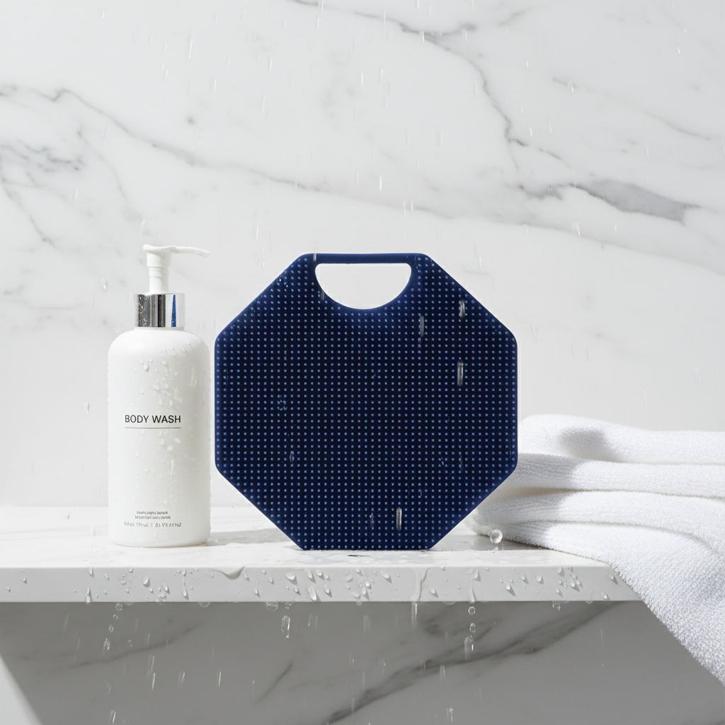 Silicone body scrubber in a bright shower routine setup for different skin types.