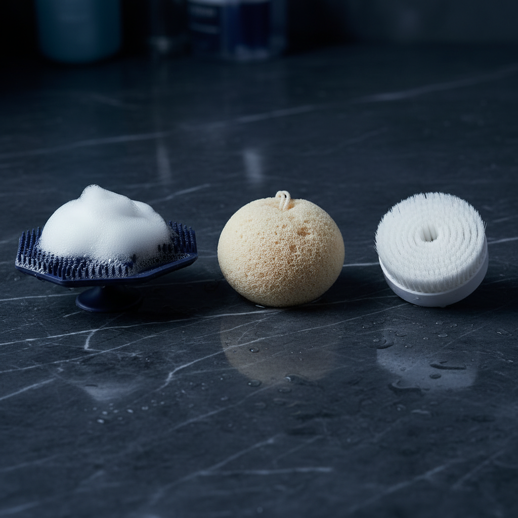 Blue silicone face scrubber with foamy cleanser alongside a konjac sponge and electric cleansing brush on a wet marble surface