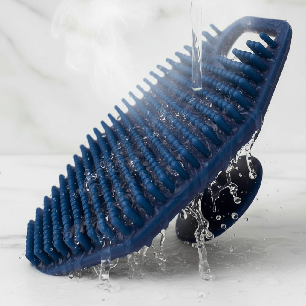 Silicone face scrubber being rinsed clean under warm water.