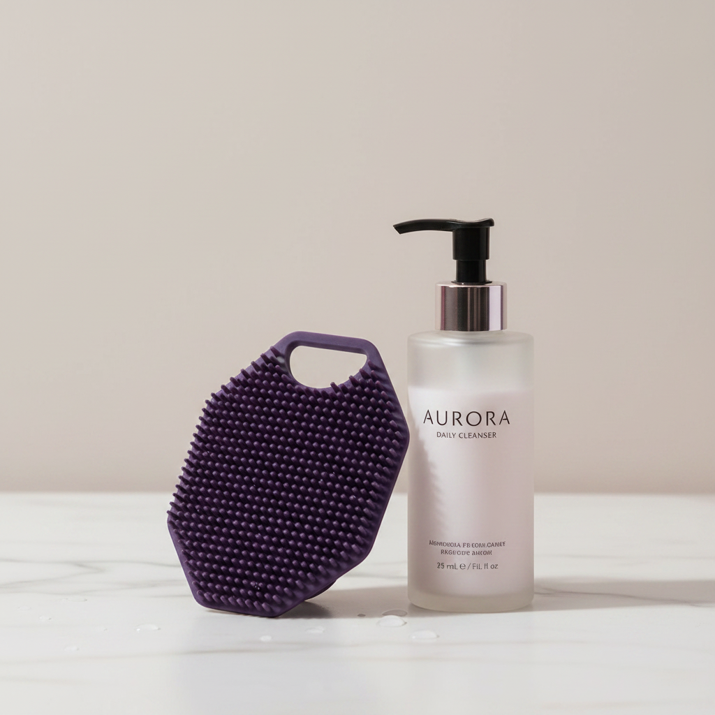 Silicone face scrubber beside cleanser in a simple daily skincare routine.