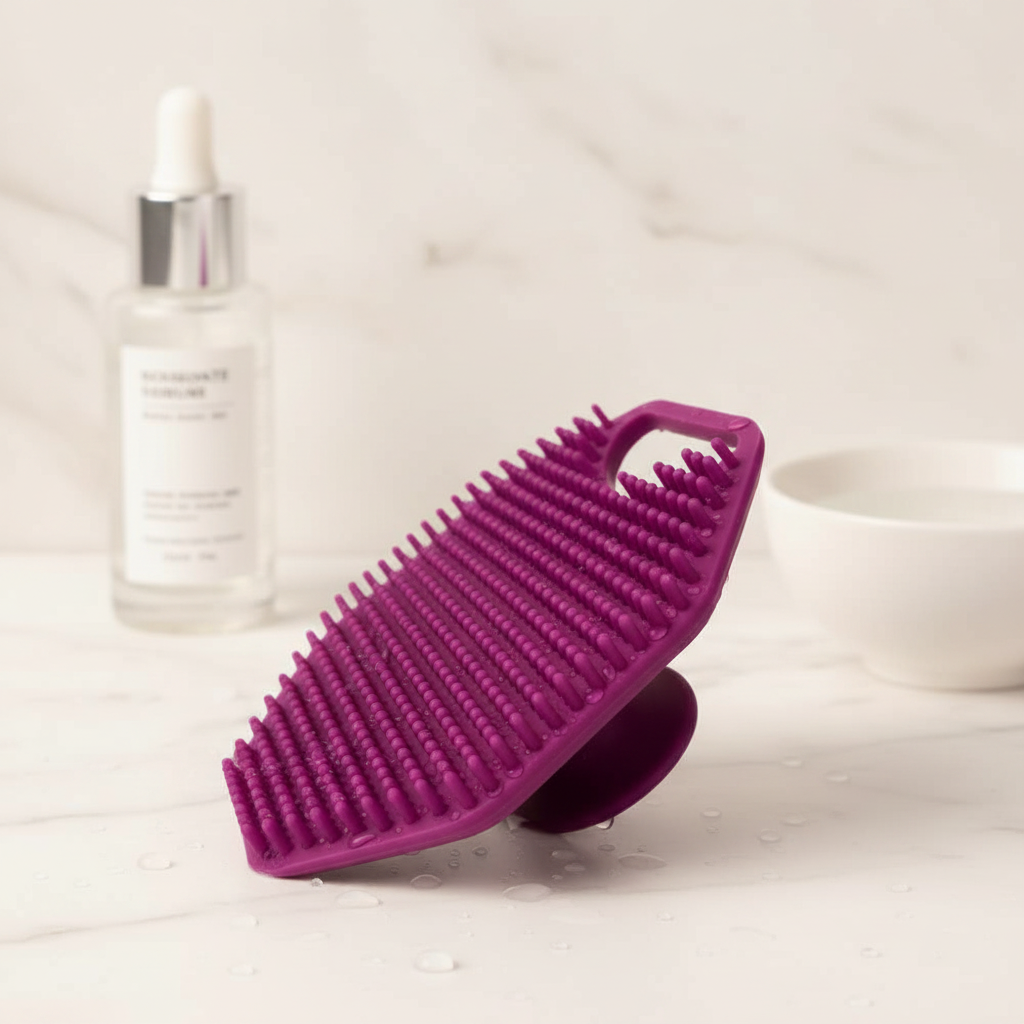 Silicone face scrubber used in a gentle skincare routine for sensitive skin.