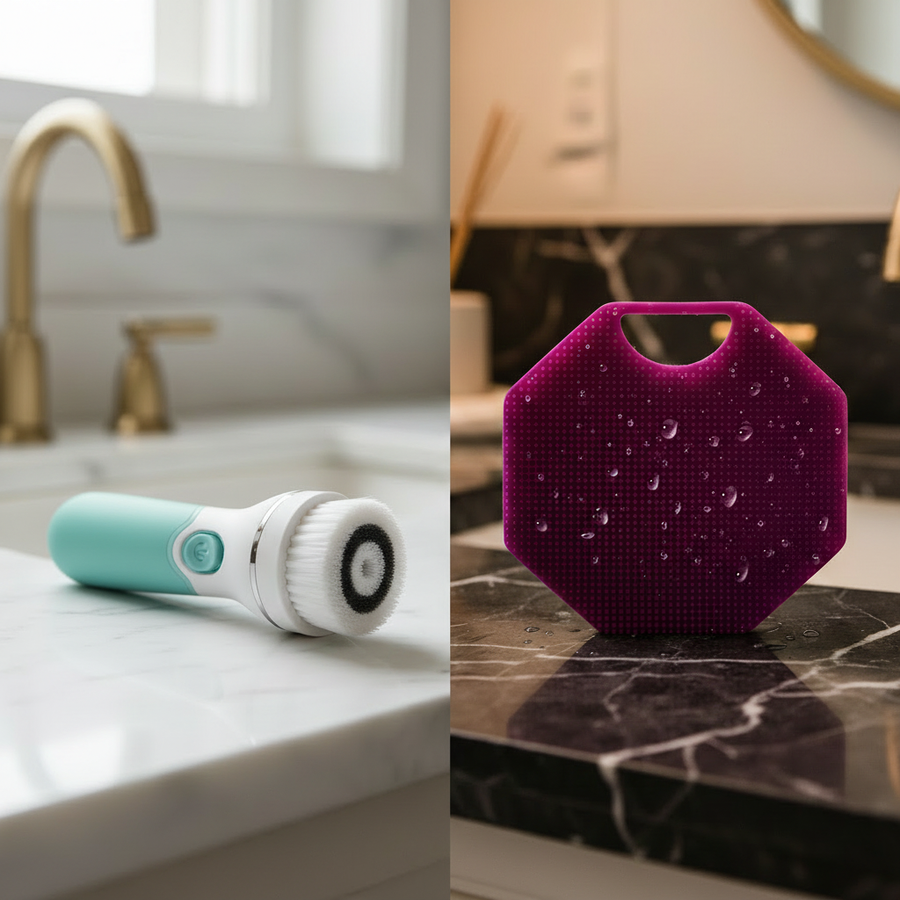 Silicone face scrubber compared with a cleansing brush in a facial skincare routine.