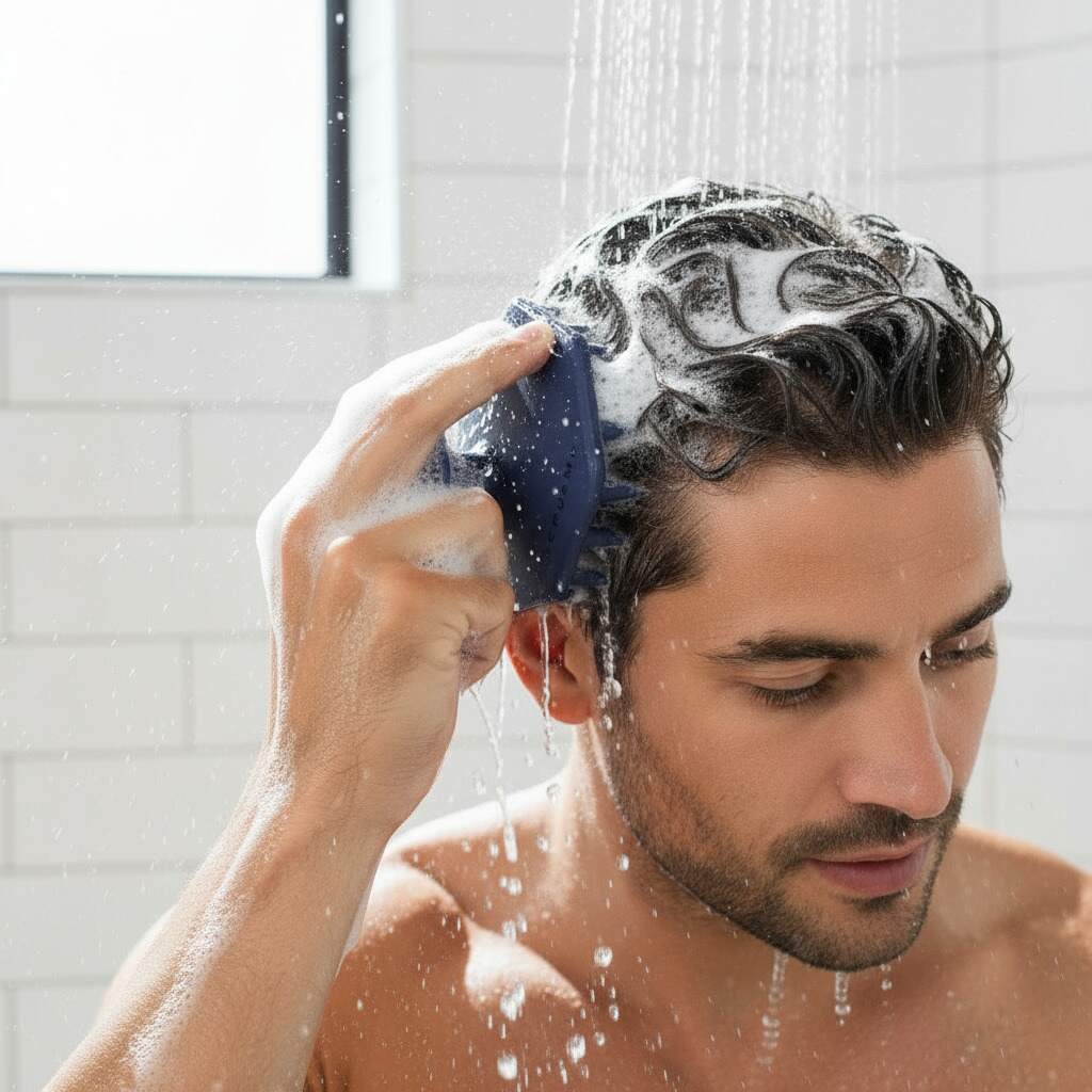 Man exfoliating his scalp in the shower with the ScrubMeScalp Silicone Scalp Massager