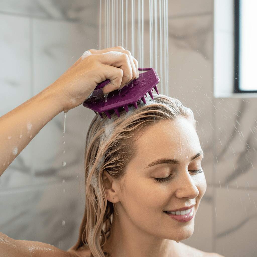 ScrubMeScalp silicone scalp scrubber being used in the shower, massaging shampoo lather into wet hair for a deep cleanse