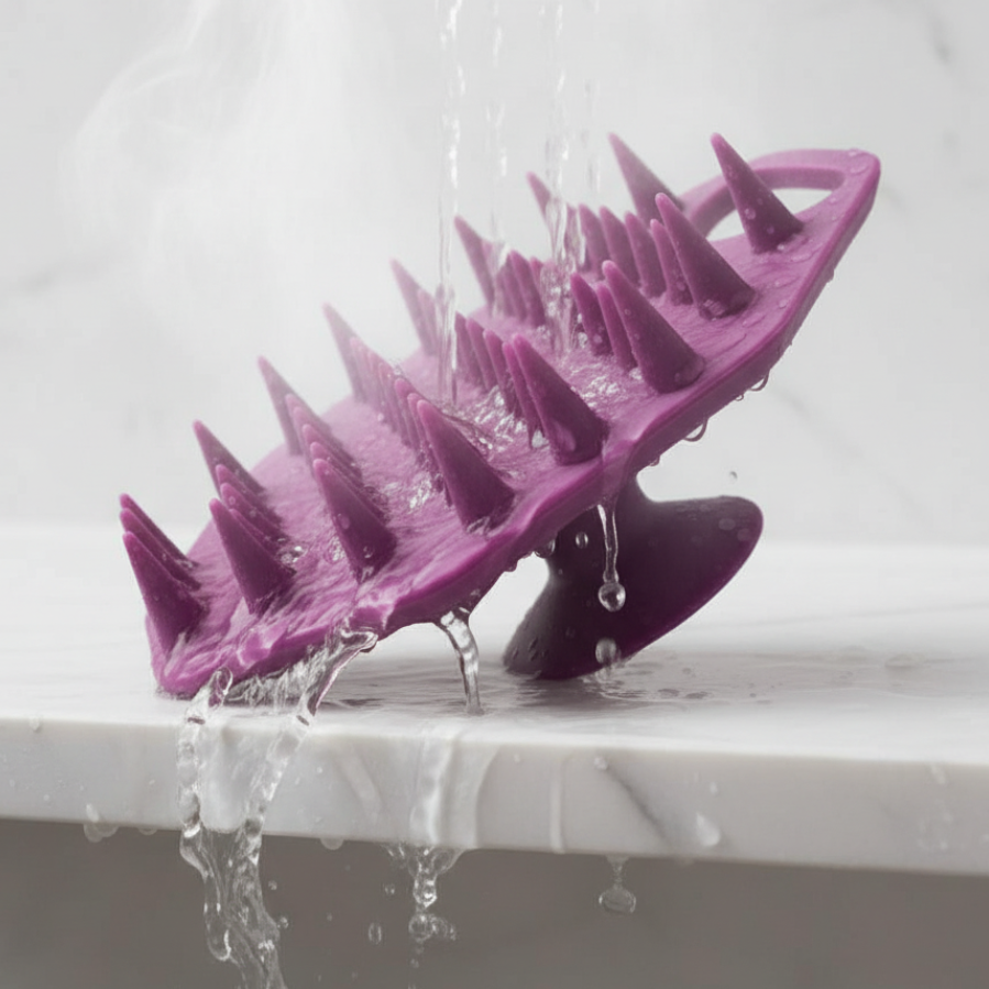 Passionate Purple ScrubMeScalp silicone scalp scrubber being rinsed under hot running shower water on a marble shelf, steam rising, water streaming over pointed cone bristles.