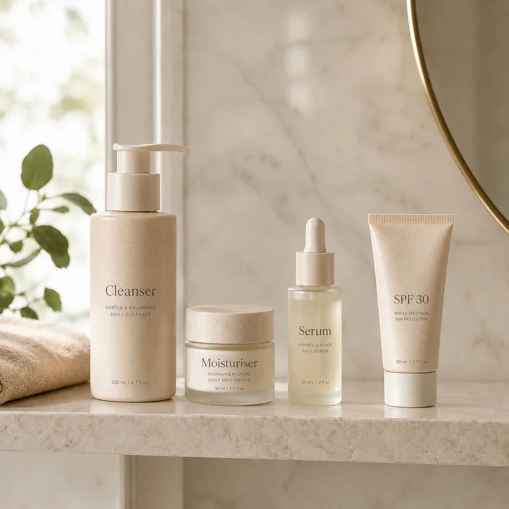 Cleanser, moisturiser, serum and SPF arranged on a bright marble bathroom shelf.