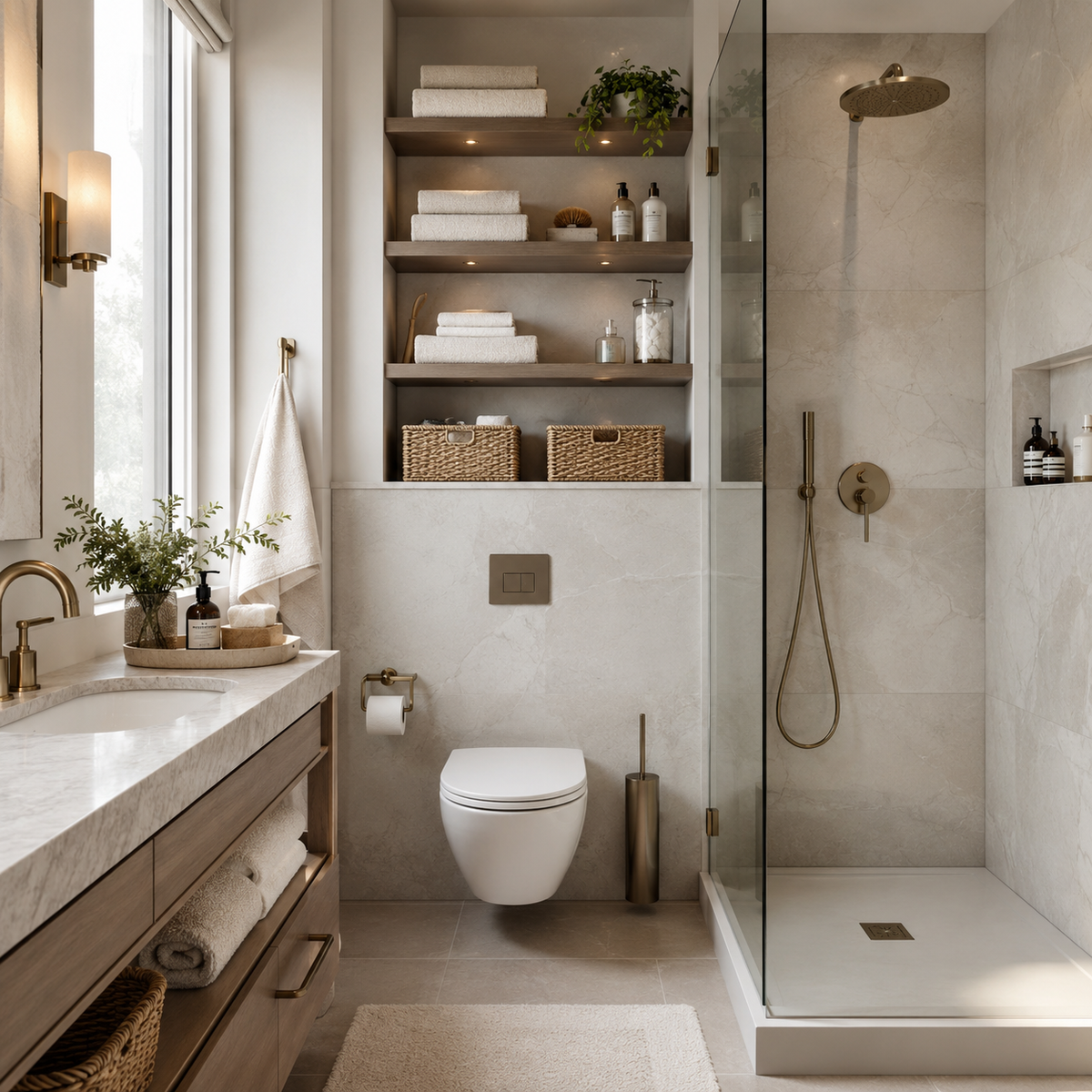 Organised small luxury bathroom with open shelving, folded towels, baskets and a glass shower.