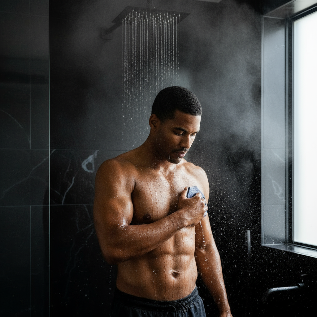 Man in sleek black-tiled modern bathroom