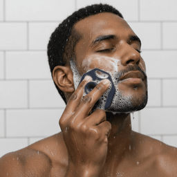 Young Black man using Breathtaking Blue ScrubMeFace with suds