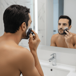 Over-the-shoulder - man at mirror with correct reflection