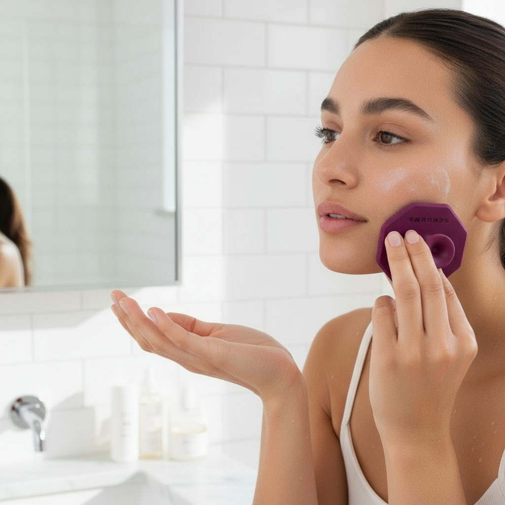 Woman using one Passionate Purple ScrubMeFace on cheek