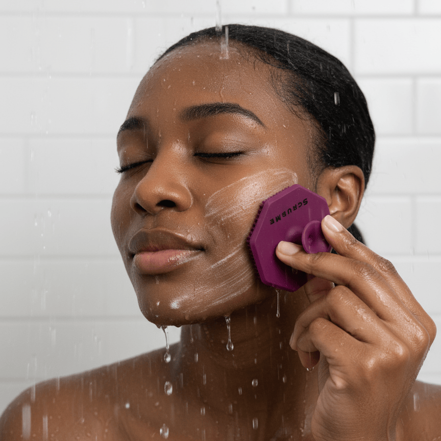 Black woman in shower with foam using Passionate Purple ScrubMeFace