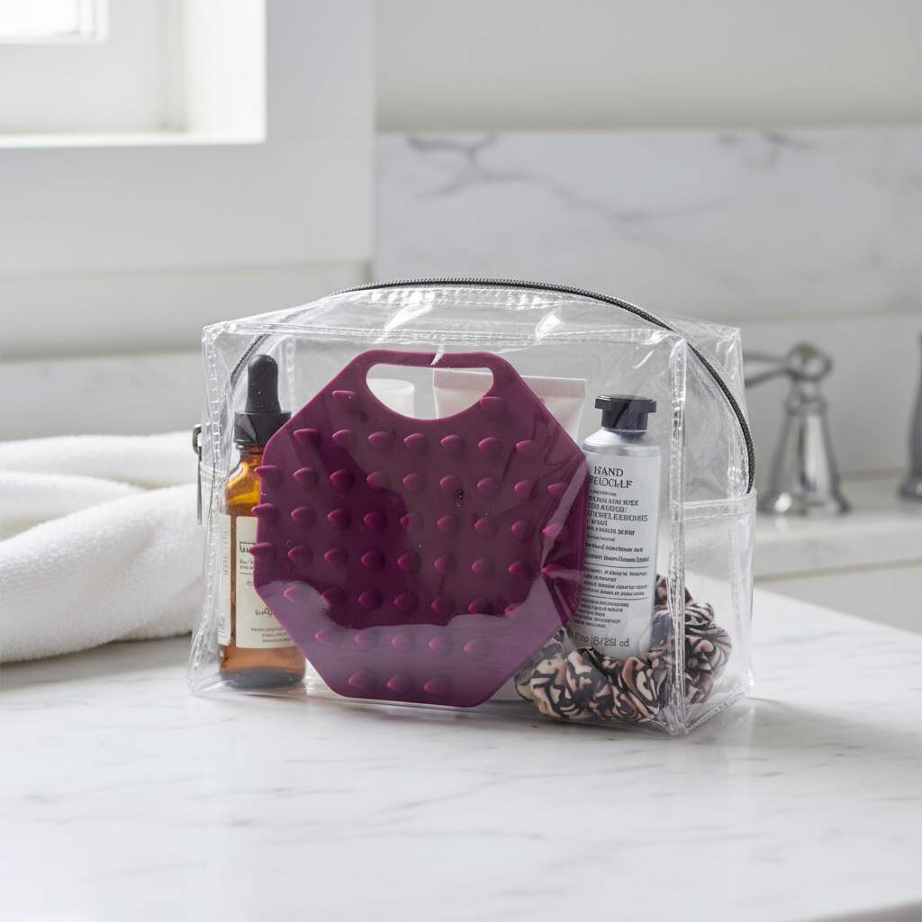 ScrubMeScalp Passionate Purple scalp scrubber inside a clear toiletry bag with haircare products on a marble bathroom counter