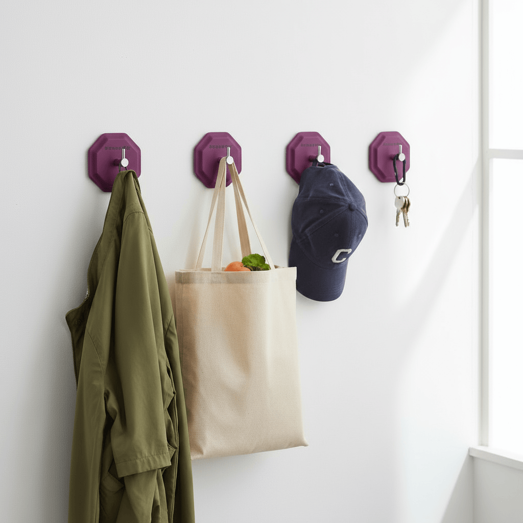 Four Passionate Purple HookMe hooks in white hallway - cleaned