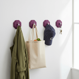 Four Passionate Purple HookMe hooks in white hallway - cleaned