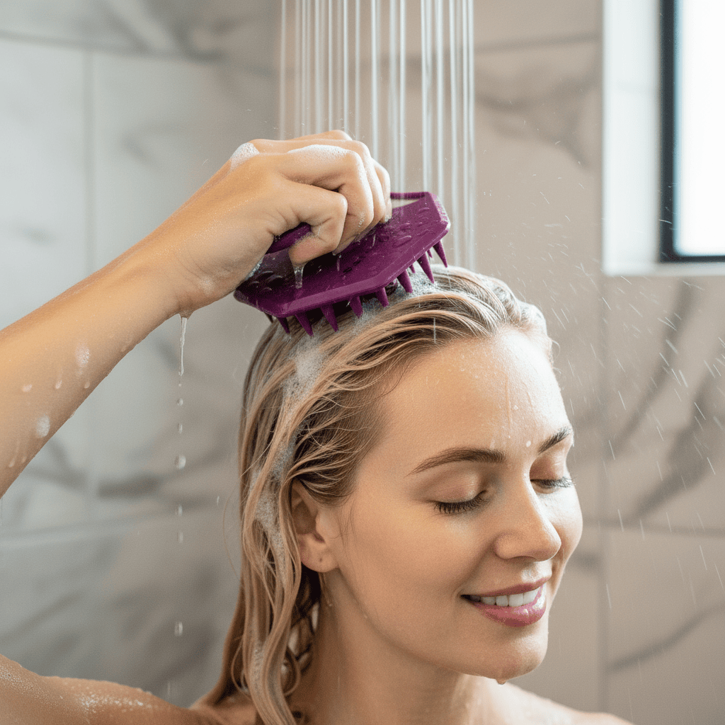 Happy blonde woman using correct Passionate Purple ScrubMeScalp with suds
