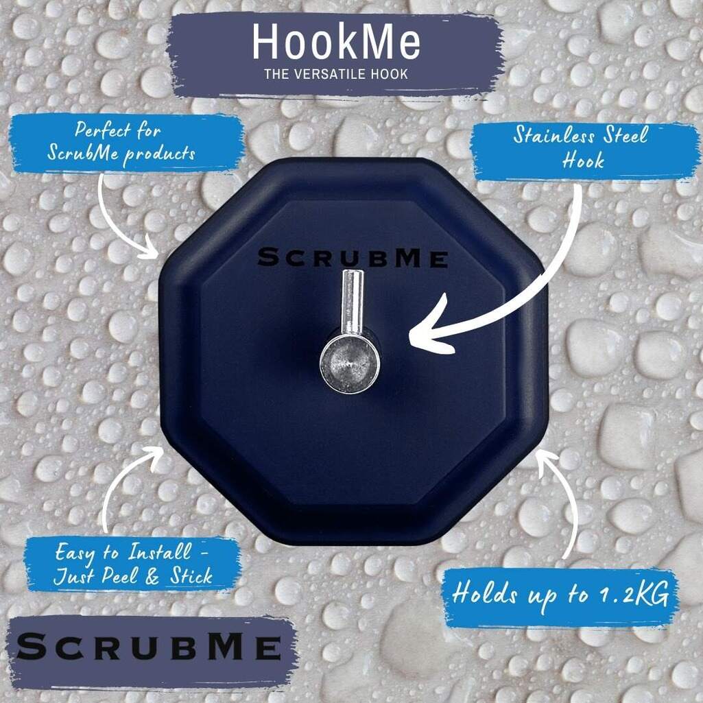 HookMe Breathtaking Blue versatile hook benefits graphic with text captions highlighting peel and stick installation, strong adhesive pad and 1.2kg weight capacity.