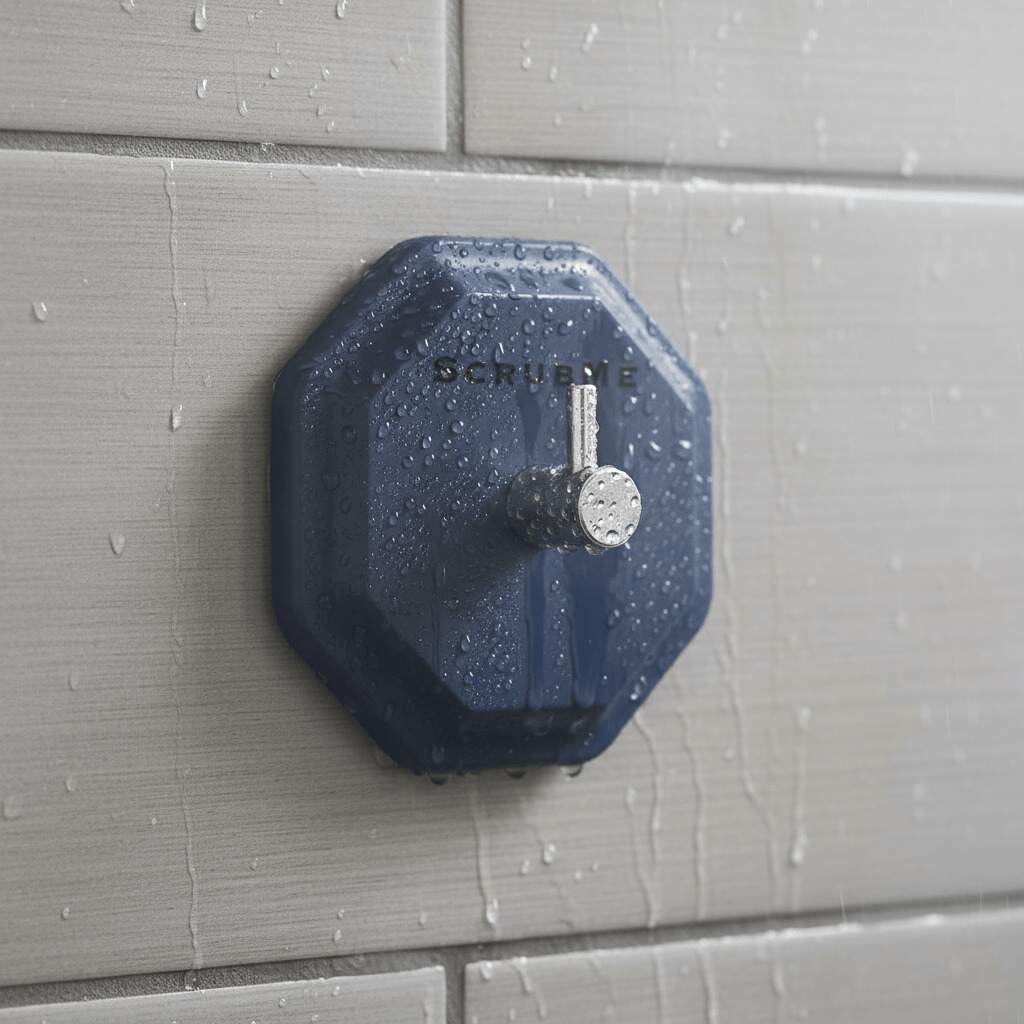 ScrubMe HookMe Breathtaking Blue adhesive hook on soft grey bathroom tiles with water running down the wall.