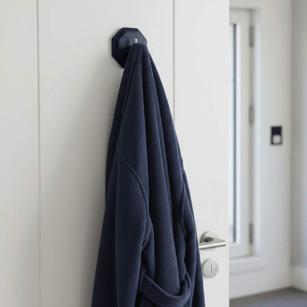 ScrubMe HookMe Breathtaking Blue adhesive hook holding a navy bathrobe on a white bathroom door.