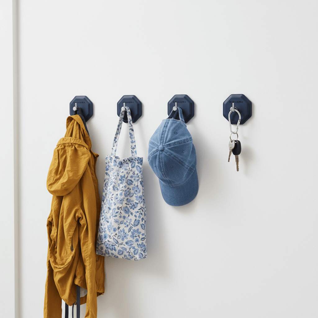 Four ScrubMe HookMe Breathtaking Blue hooks holding a coat, tote bag, cap and keys on a white wall.