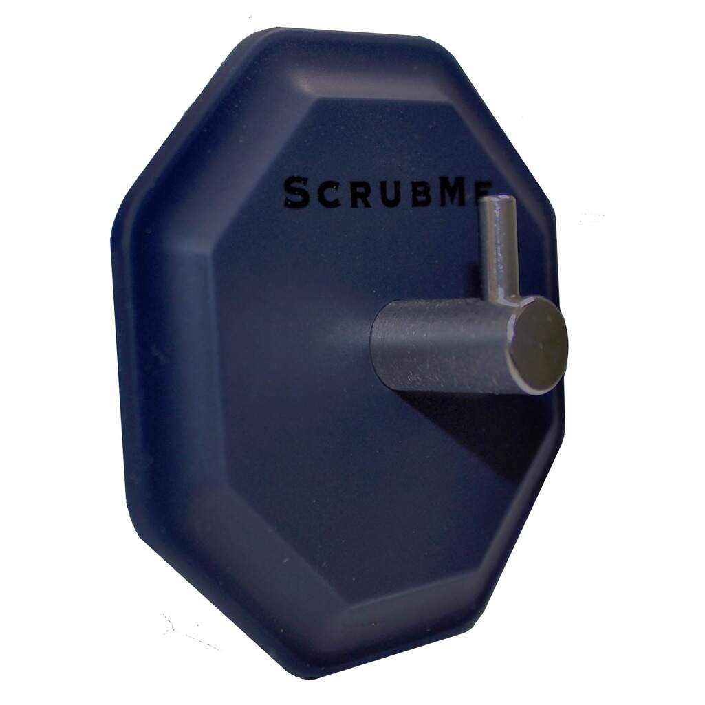 Side angled view of the ScrubMe HookMe Breathtaking Blue adhesive hook showing the stainless steel hanger arm.