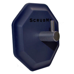 Side angled view of the ScrubMe HookMe Breathtaking Blue adhesive hook showing the stainless steel hanger arm.