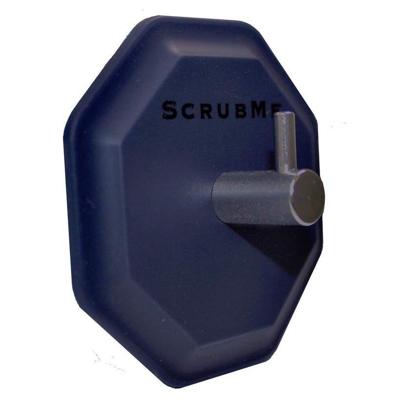 Side angled view of the ScrubMe HookMe Breathtaking Blue adhesive hook showing the stainless steel hanger arm.
