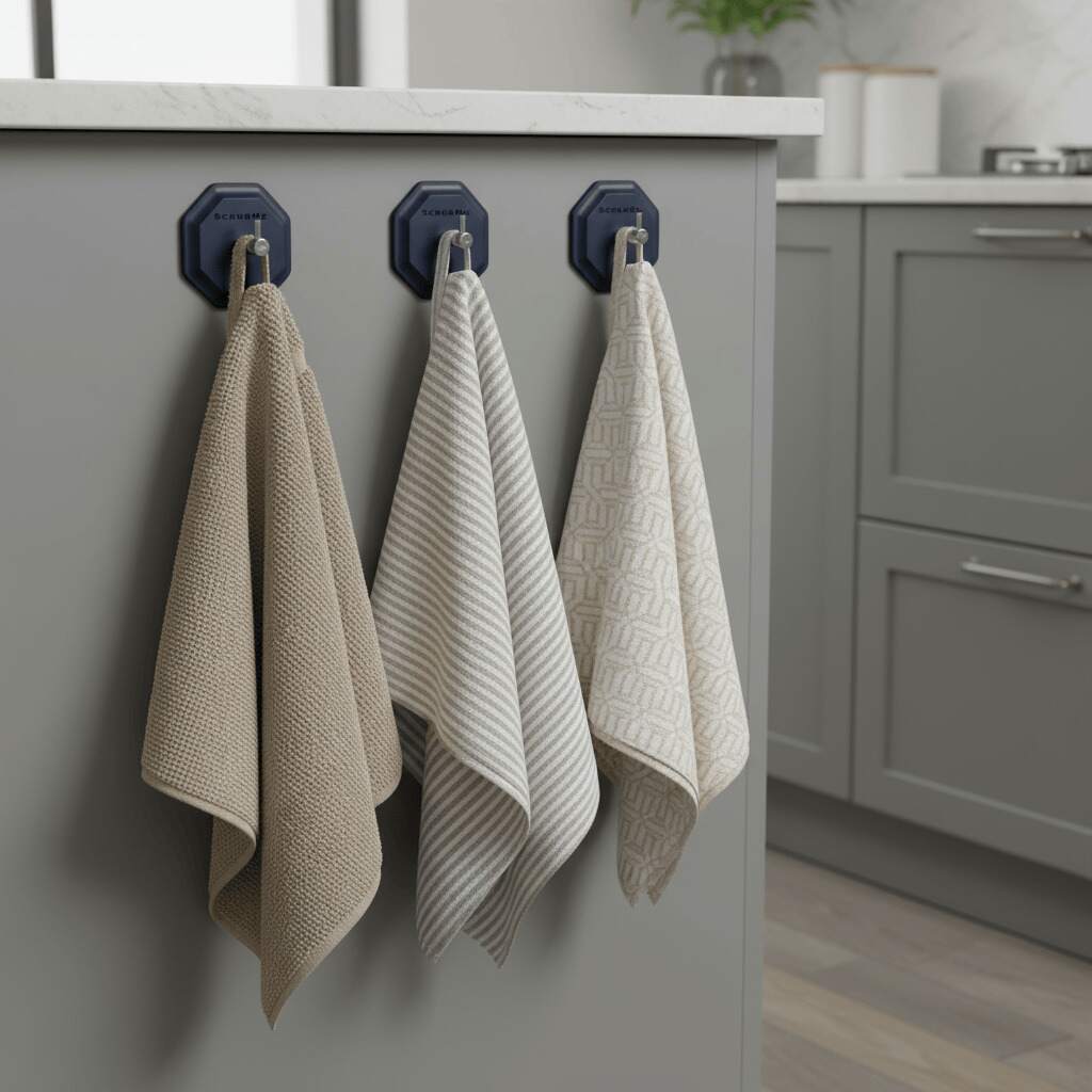 Three HookMe Breathtaking Blue hooks holding neutral kitchen tea towels on a grey island unit.