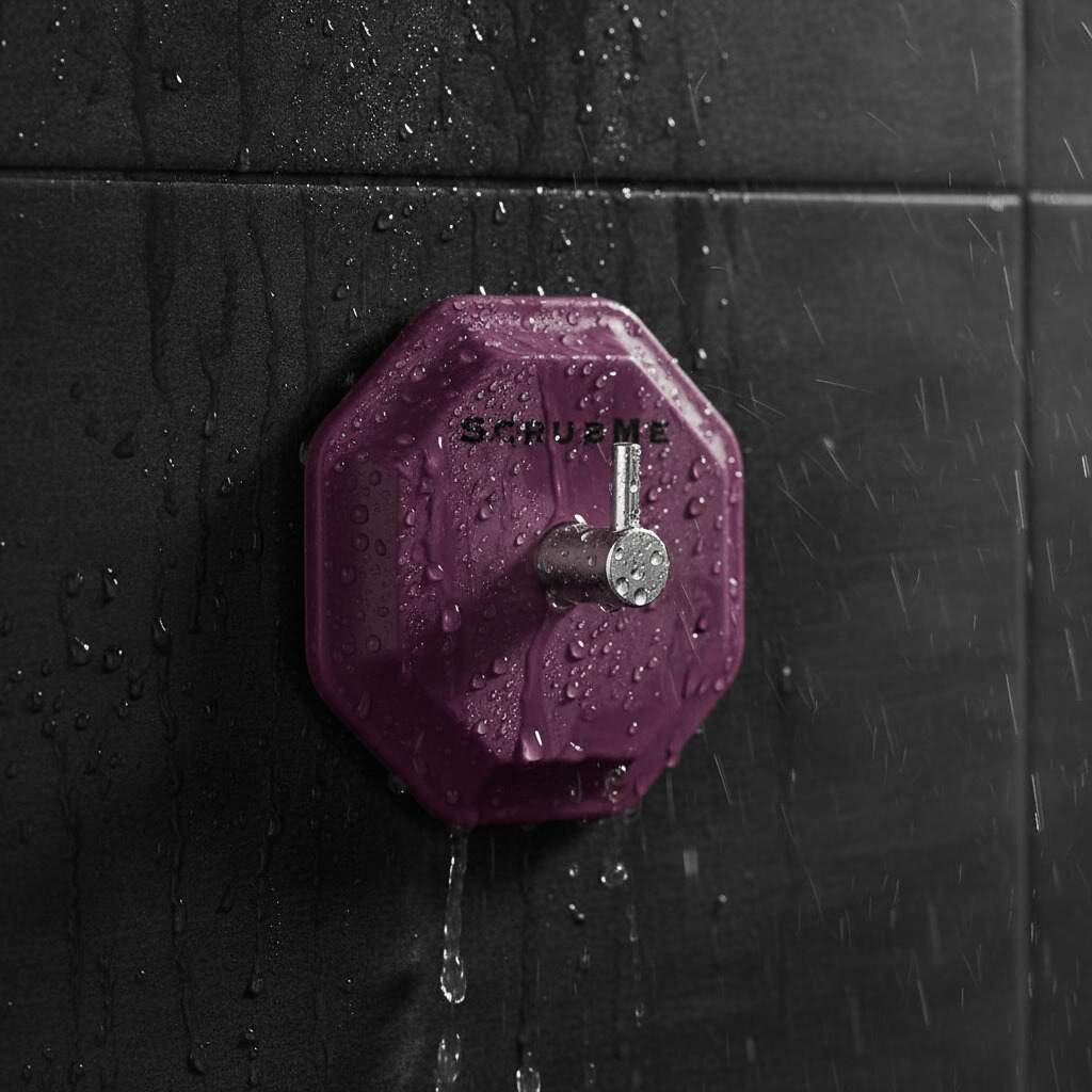 ScrubMe HookMe Passionate Purple adhesive wall hook on dark charcoal bathroom tiles with water running down.