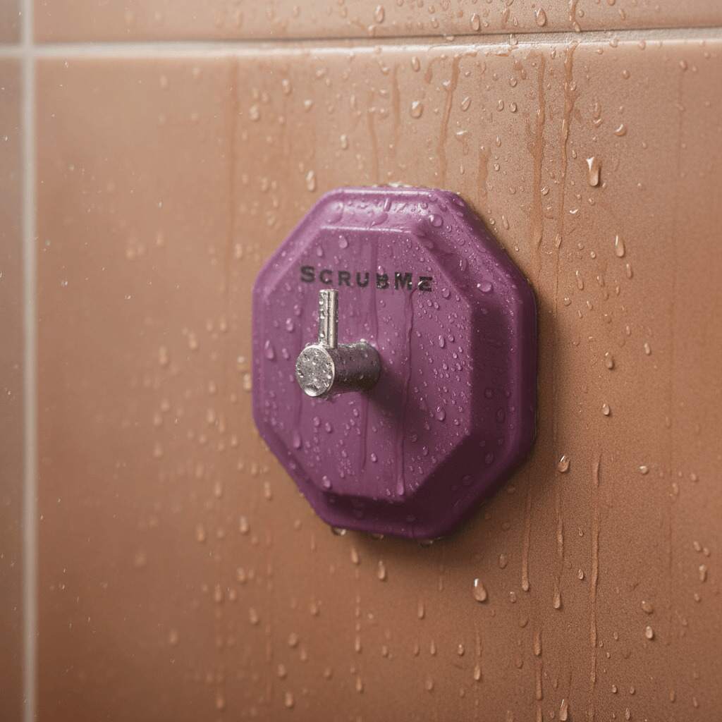 ScrubMe HookMe Passionate Purple self adhesive hook fixed to warm terracotta shower tiles with water droplets.