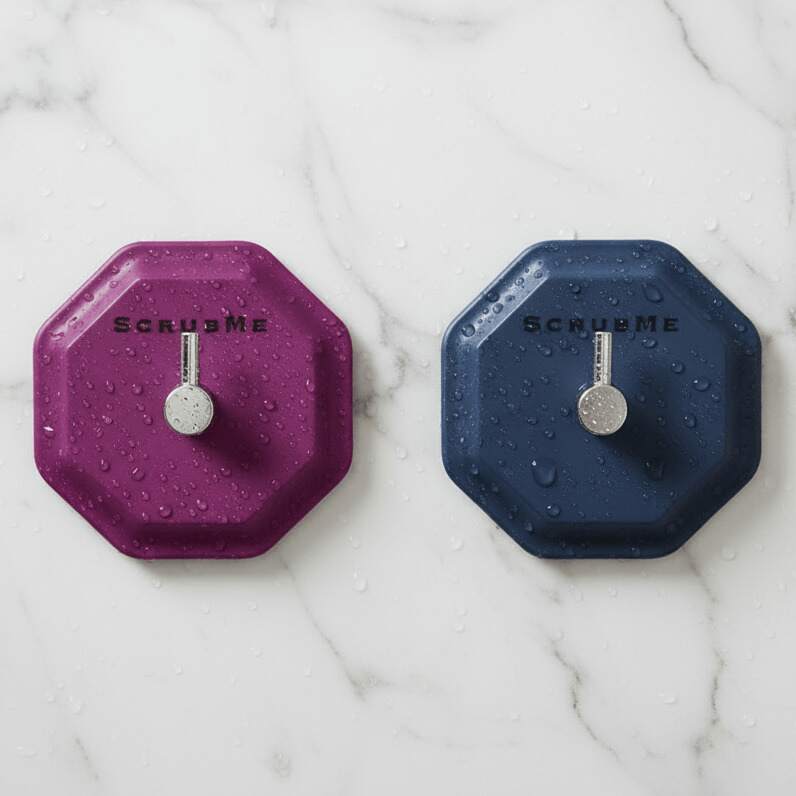 ScrubMe HookMe Hero Image Passionate Purple and Breathtaking Blue hooks styled together on a wet marble bathroom surface.