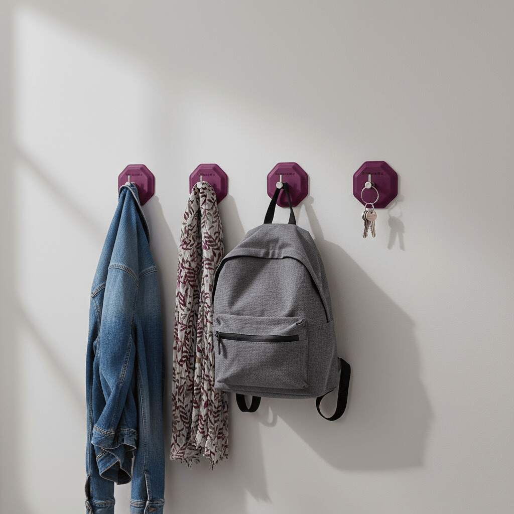 ScrubMe HookMe Passionate Purple hooks used in a hallway to hold a bag, jacket, scarf and keys on a white wall.